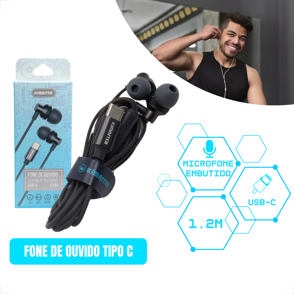 Fone De Ouvido Gamer KIMASTER Tipo-C Microfone Embutido Intra-Auricular com Borrachinha 1,2 Metros