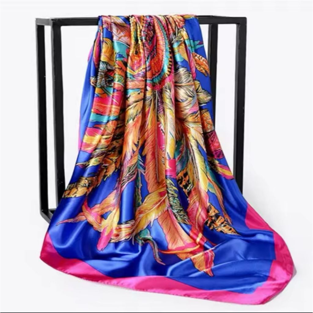 Lenço Feminino de Cetim Penas Lenço para Cabeça Pescoço Blusinha 90x90 Mulher Elegante