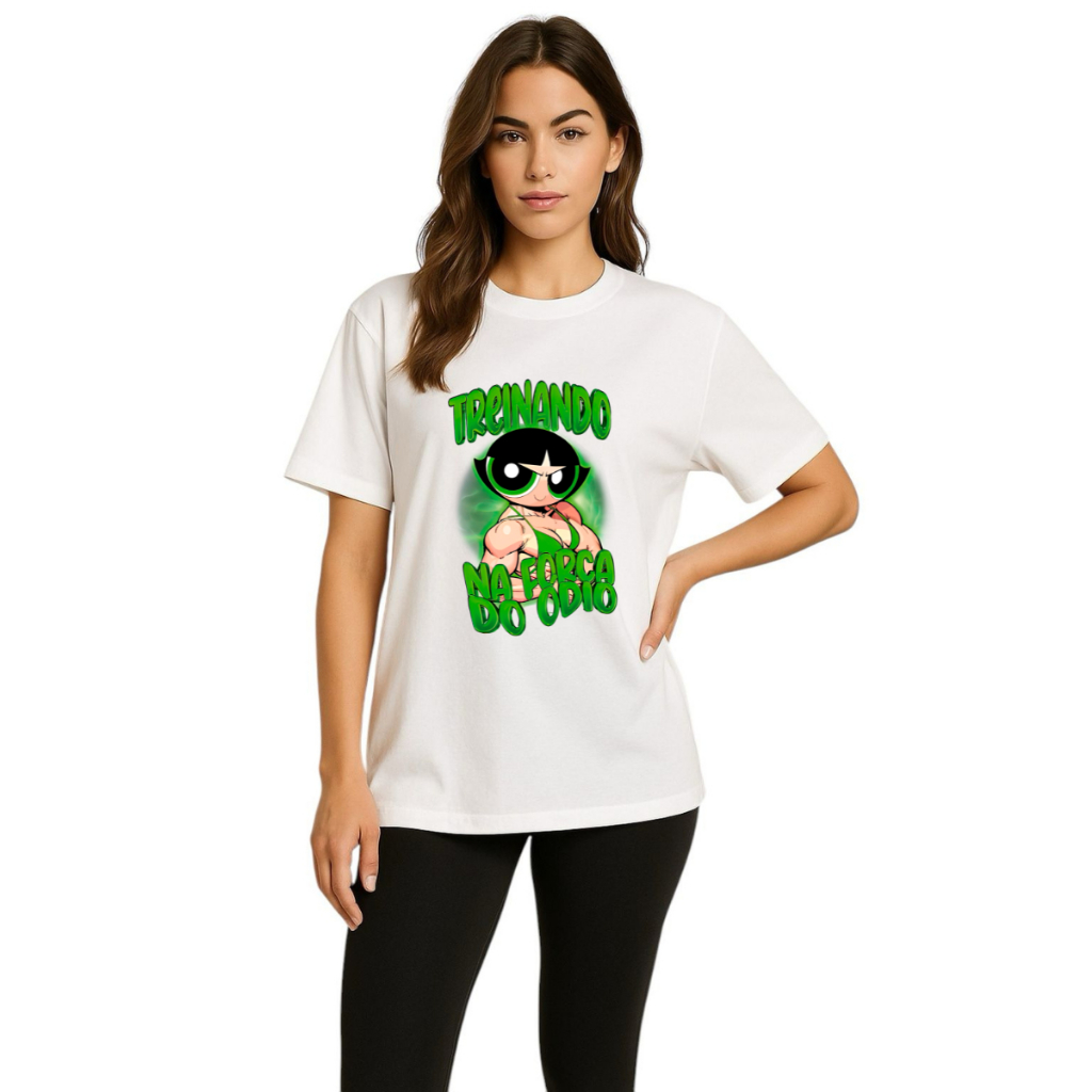 Camiseta Feminina Oversized Docinho Super Poderosas Academia