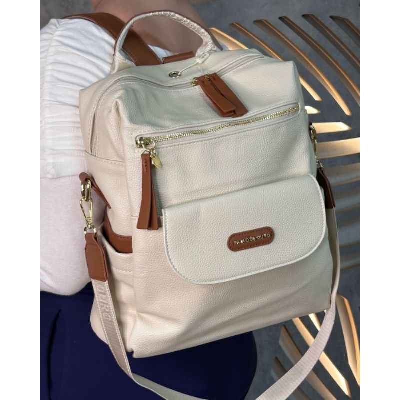 Mochila Feminina Impermeável Pavão de Ouro Nylon e Couro Ecológico Escolar Faculdade Maternidade