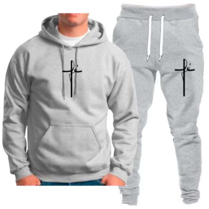 Conjunto Moletom FÉ com Capuz Moderno Abrigo Flanelado Manga Longa Feminino e Masculino Unissex