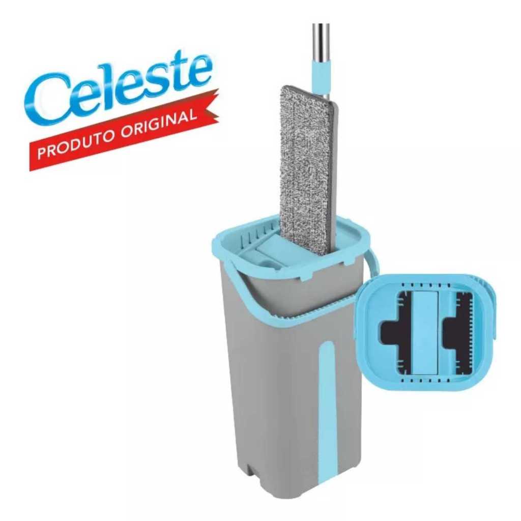 Mop Rodo Esfregão Lava E Seca Flat Com Balde Vertical Rapid Clean Cinza Celeste