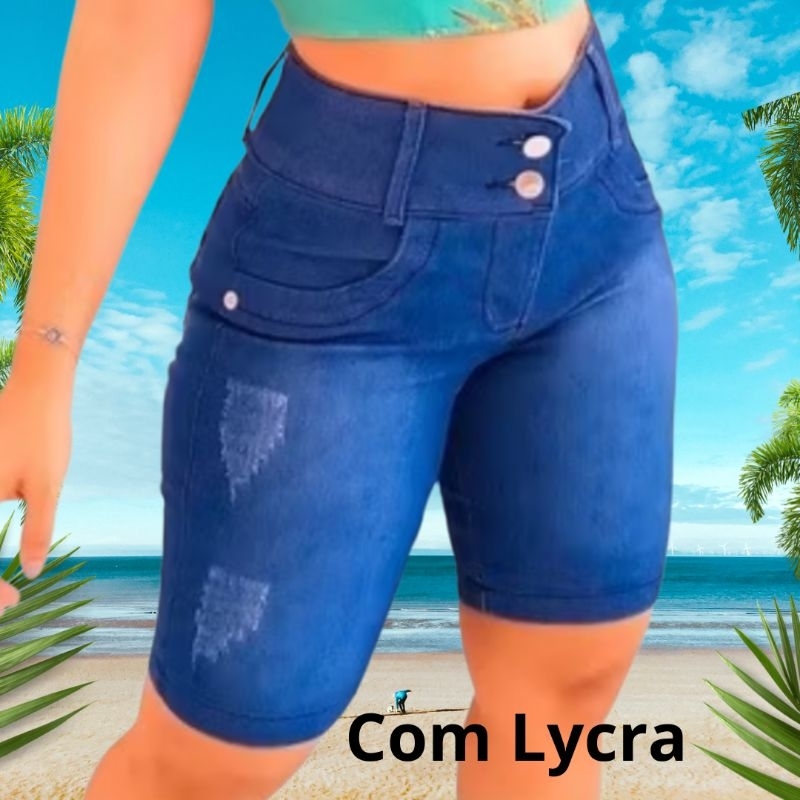 Bermuda Jeans Feminino com Lycra Cintura Alta Shorts Jeans Bermuda Destroyed Jeans Premium da Moda Short para Ciclista
