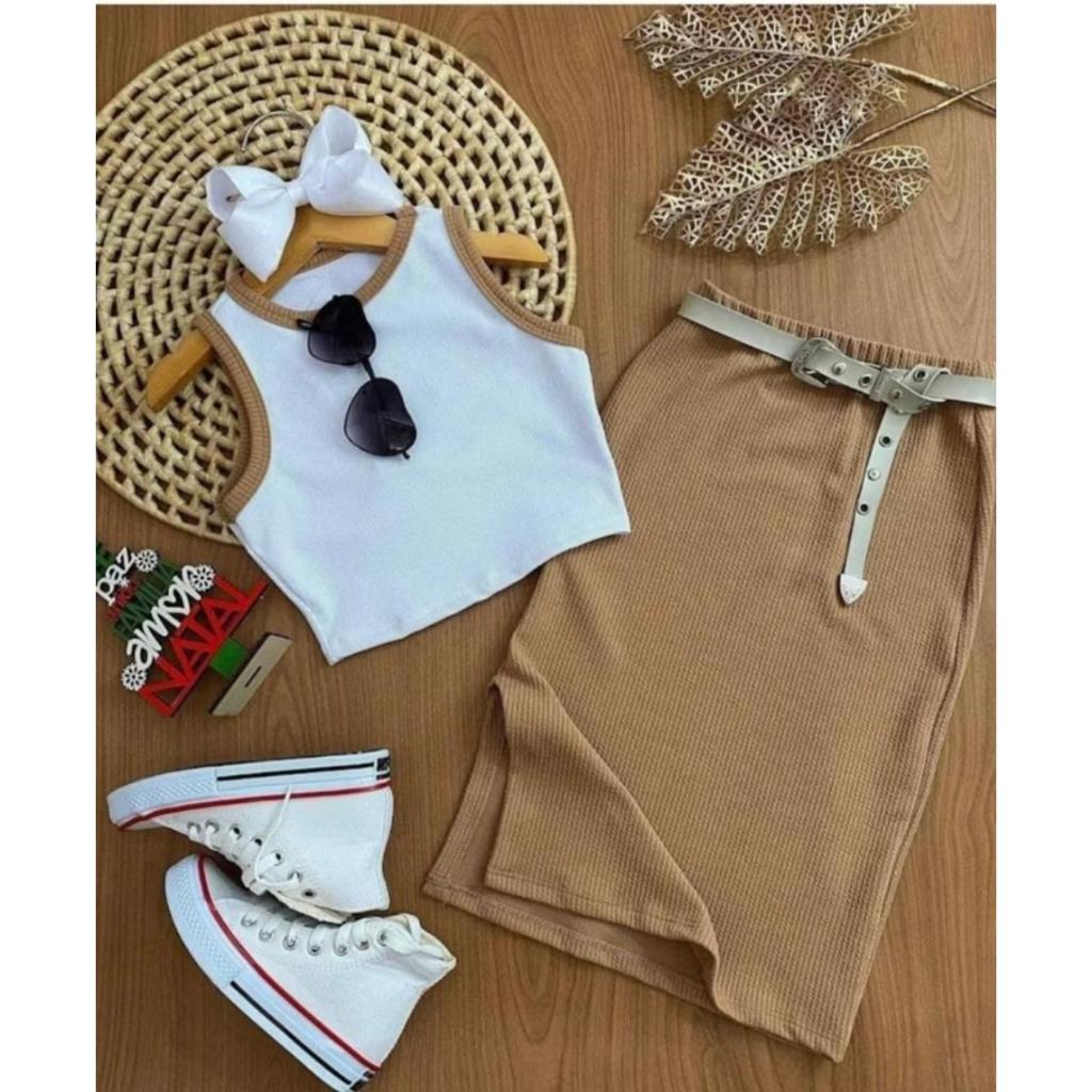 Conjunto Midi Infantil Menina Cropped e Saia Do 4 ao 16 Anos Moda Gringa