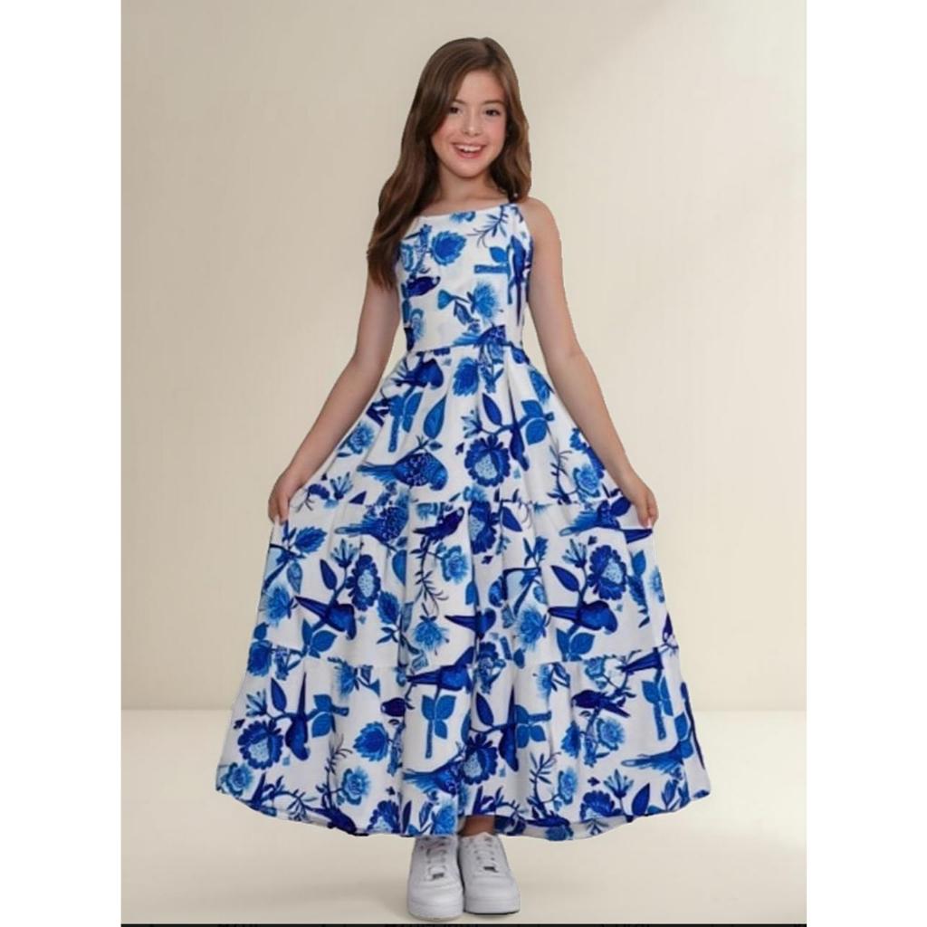 Vestido longo estampado juvenil casual passeio para adolescentes maravilhosas