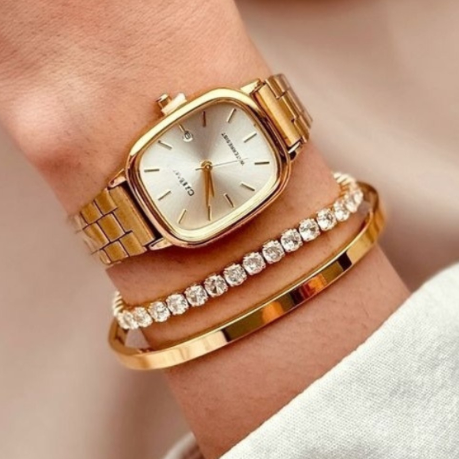 3 Peças Conjunto Relógio Feminino Bracelete Pulseira Aço Inoxidável Dourado Resistente aÁgua relogio em Oferta na Shopee