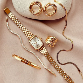 Kit Conjunto Relógio Feminino Dourado com Bracelete Pulseira Brincos e Colar Acessórios Mo...