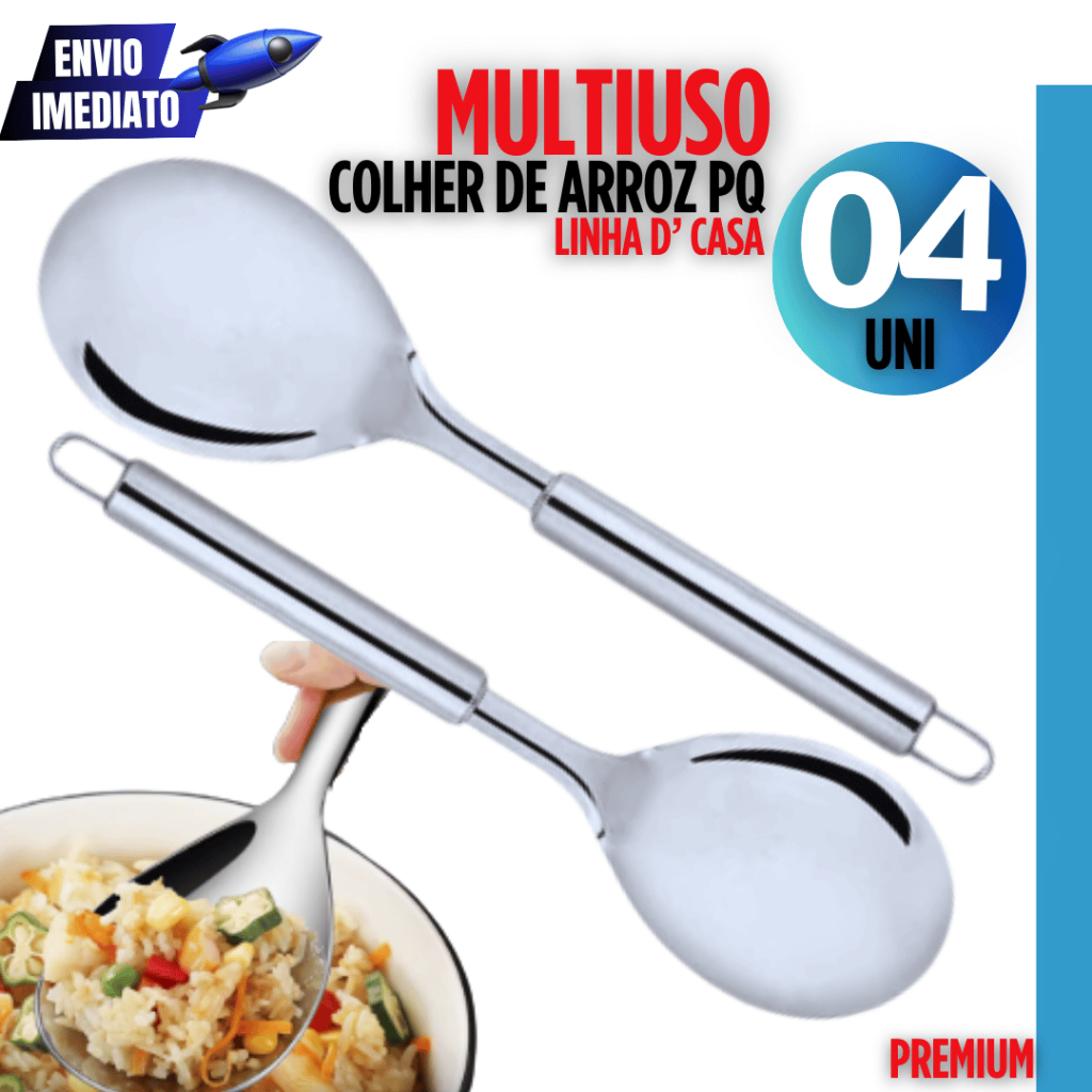 Kit 4 Colher de Arroz  Aço Inox 25cm Variáveis Utilidades Linha Resistente Premium Casa Cozinha Bar Restaurante