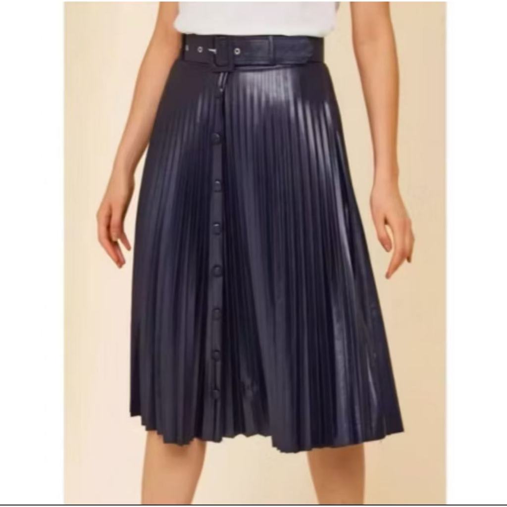 Saia Midi Plissada Cirre Com Botao Com Cinto Moda Feminina -064