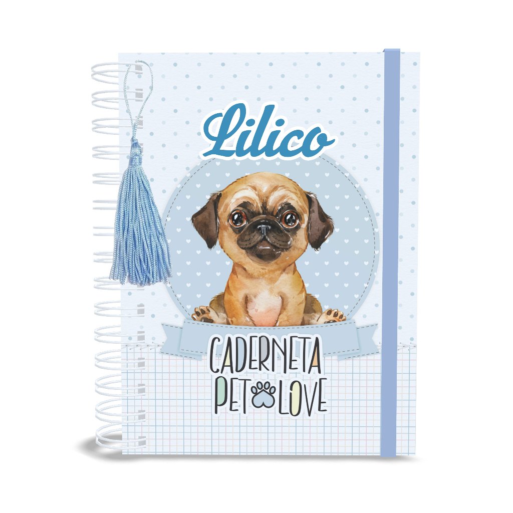 Caderneta de Vacina Pet, A6 ou A5, Capa Dura, Raça Pug, Macho ou Fêmea