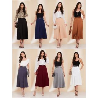 Saia Longa Alfaiataria fenda Fit e Flare Moda Evangélica Tendência Feminino Com Cinto -070