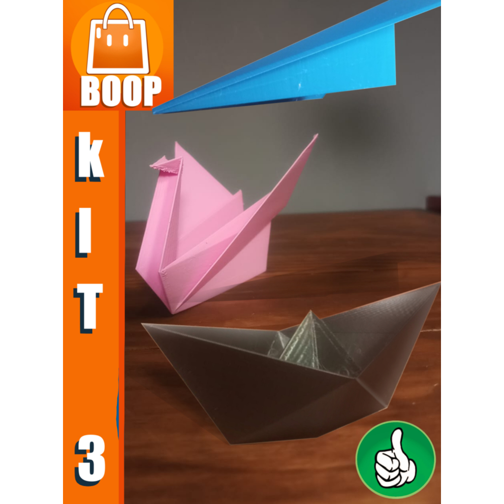 Kit com 3 Origami: Barquinho, Avião e Tsuru,  impressão 3D