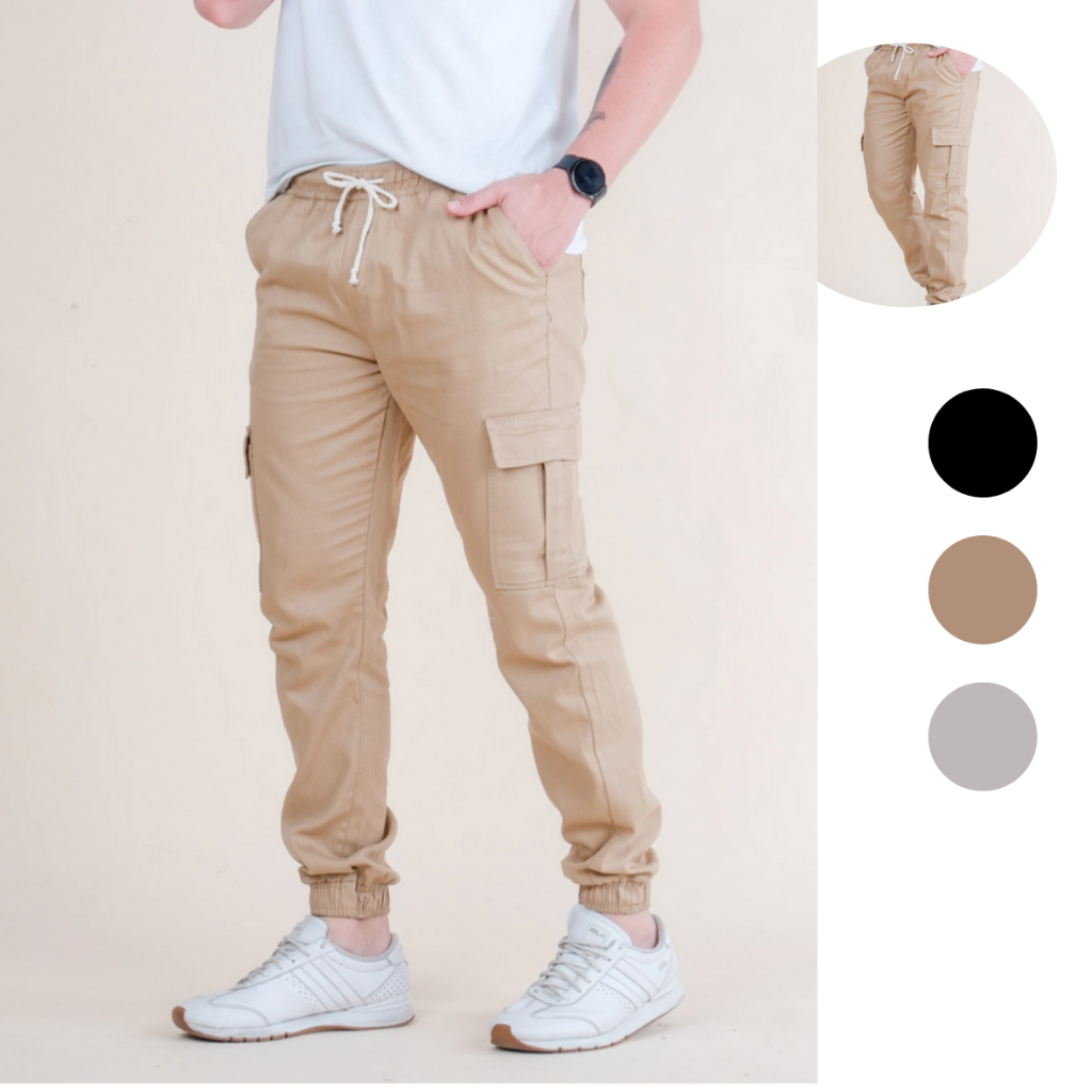 Calça cargo jogger masculina 6 Bolsos sarja skate casual 2025Hip-Hop Elástico slim
