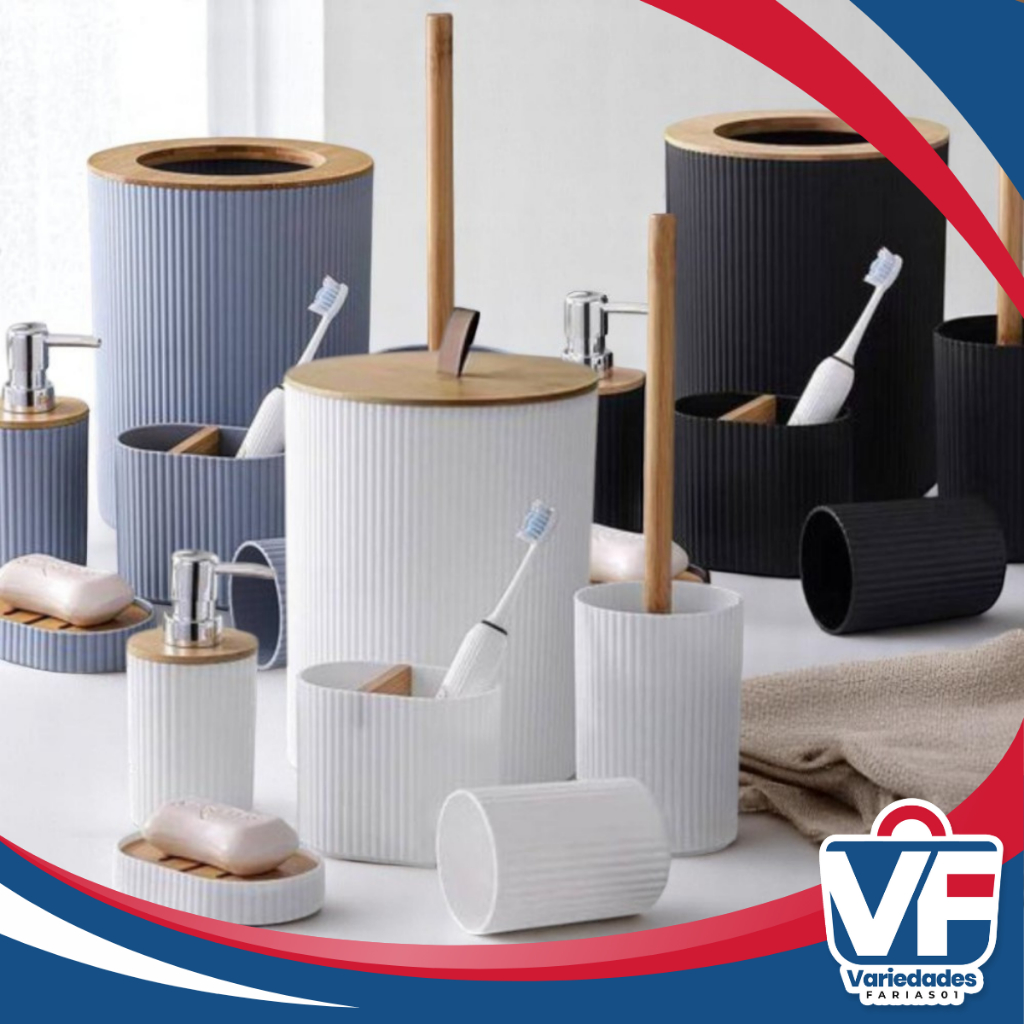 Kit Banheiro Conjunto 6/4/2 Peças Completo Lixeira Tampa Basculante Bambu Lavabo Escova Sanitária