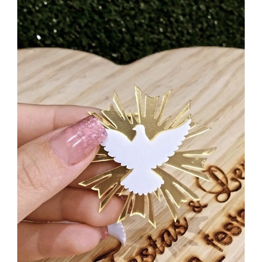 Aplique Batizado Divino espírito santo, acrilico espelhado dourado decoração batizado crisma eucaristia