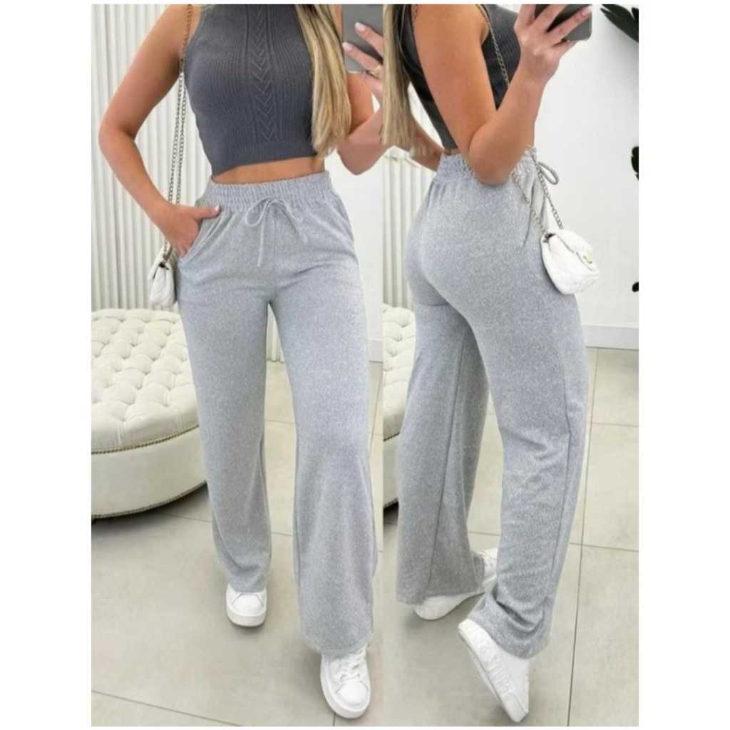 Calça pantalona de lazinho feminina cintura alta com Elástico e bolso Outono/Inverno - Lançamento em Oferta na Shopee