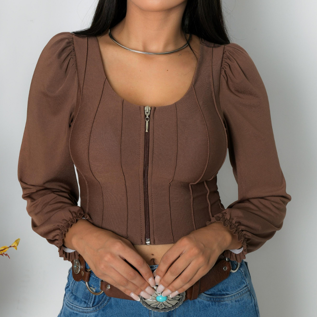 Blusa femenina cropped manga longa com bojo e ziper Tamanho único