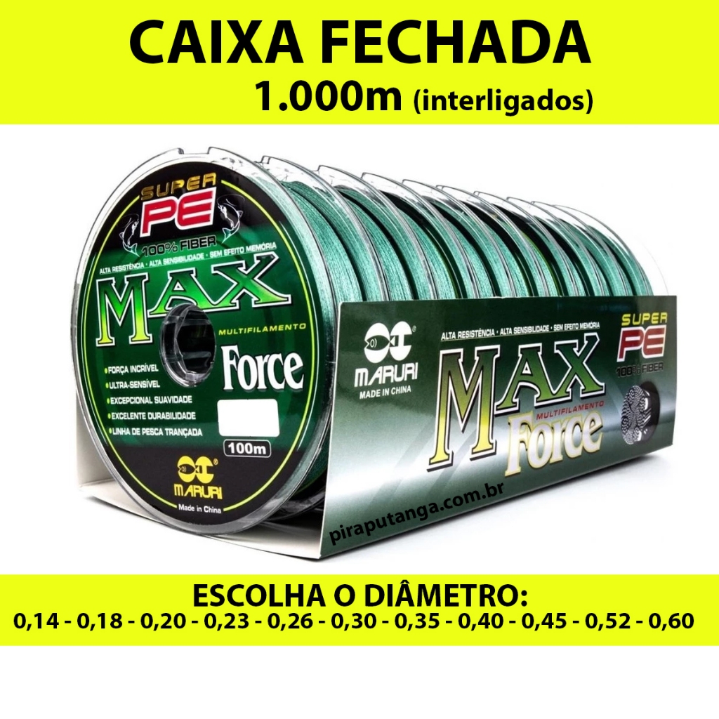 10 Linha Multifilamento Maruri Max Force 4X Super PE Verde Linha de Pesca Caixa Fechada 1000m