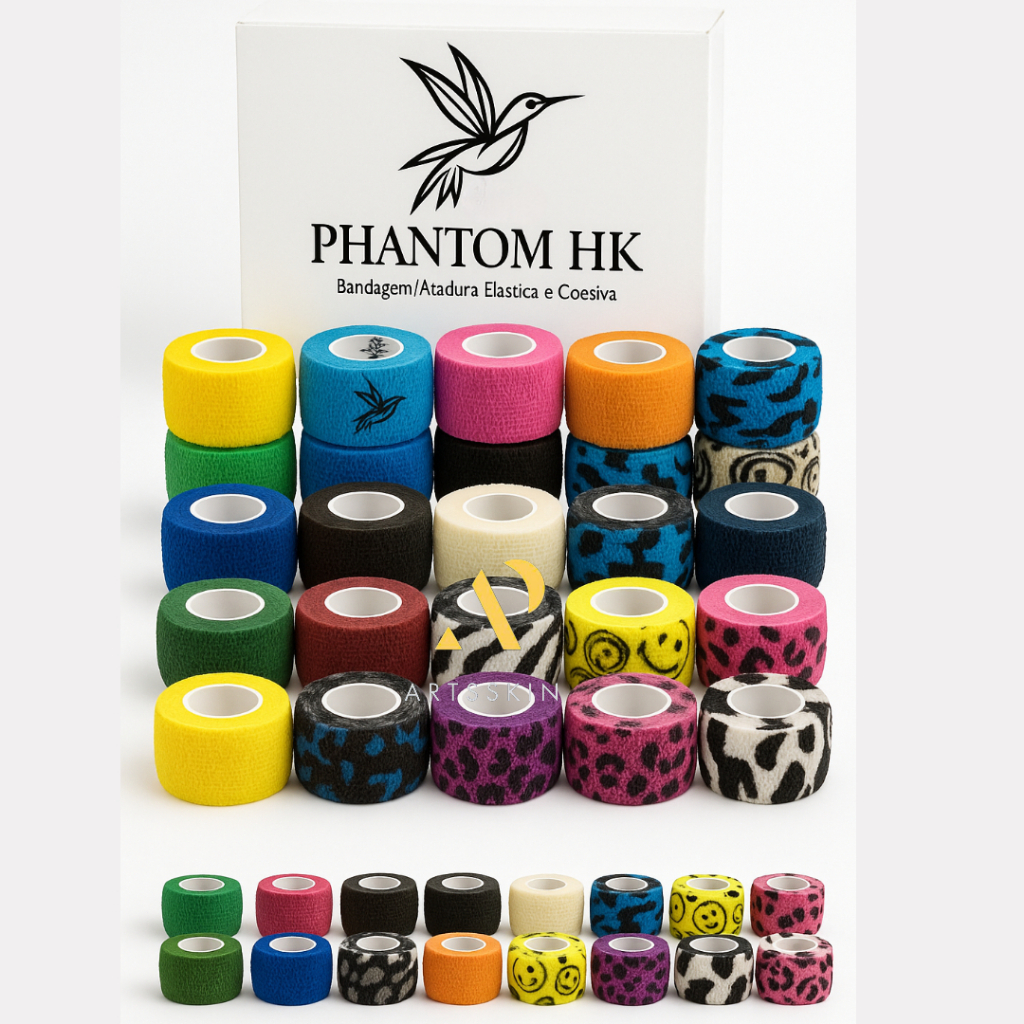 Bandagem Phantom HK 2,5cm x 4,5m Cores Variadas Tattoo Tatuagem Demógrafo Pesca P/Dedo Com Anvisa
