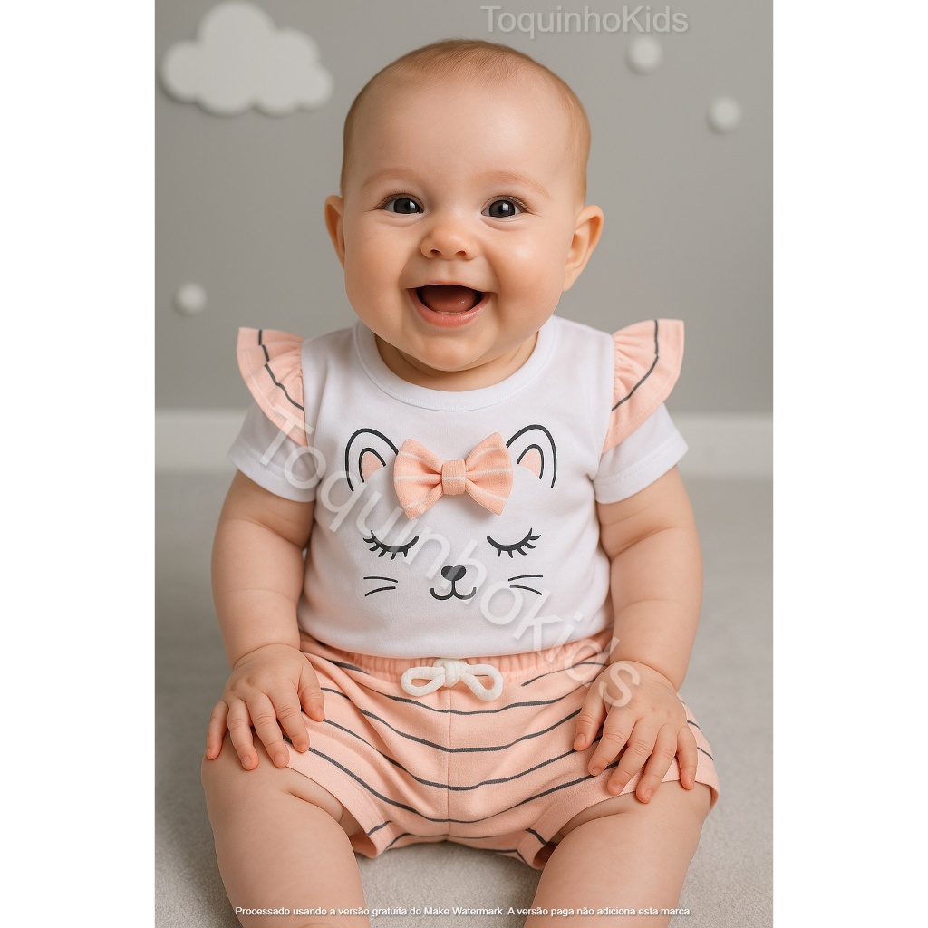 Conjunto para bebê menina short e blusinha gatinha verão calor passeio mesversario temático blogueirinha
