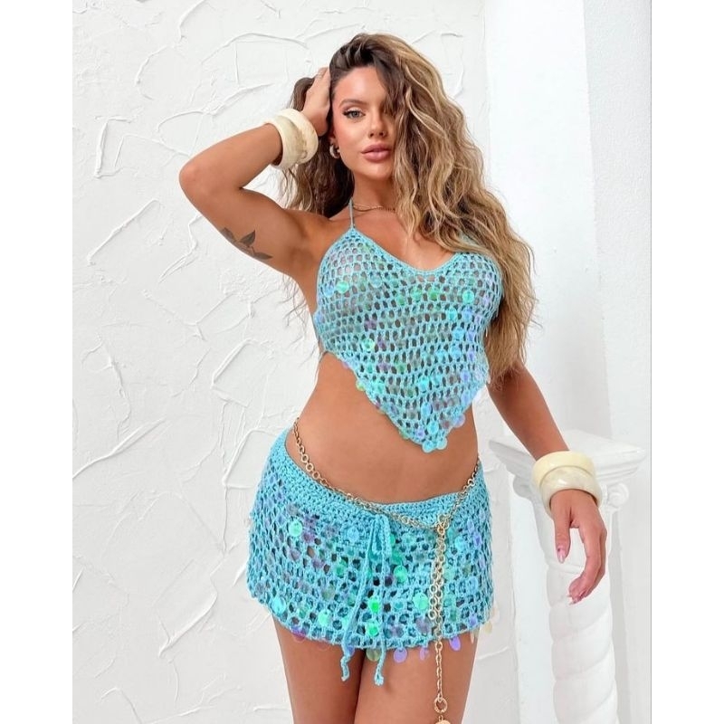 Conjunto Ashley em crochê moda feminina saia e Cropped verão crochê de luxo