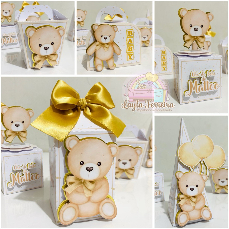 Kit Festa 10 15 25 40 Caixinhas Chá de Bebê - Revelação - Dourado| Personalizados | Lembrancinhas | Aniversário