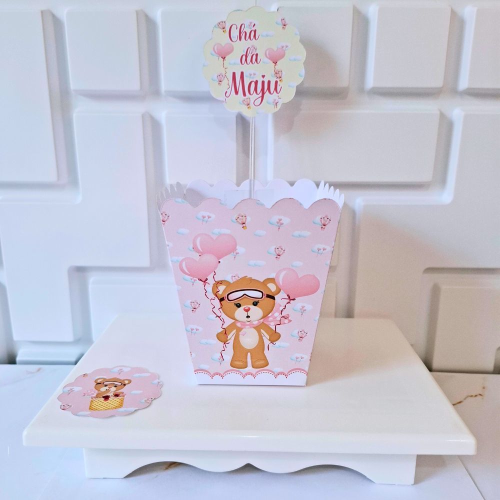 Centro de Mesa modelo Cachepo, Caixa para pipoca, Lembrancinha de Festa Personalizada com Tag Chá de Bebê Ursinha Rosa