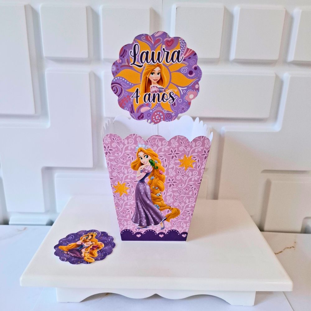 Centro de Mesa modelo Cachepo, Caixa para pipoca, Lembrancinha de Festa Personalizada com Tag  no tema Rapunzel