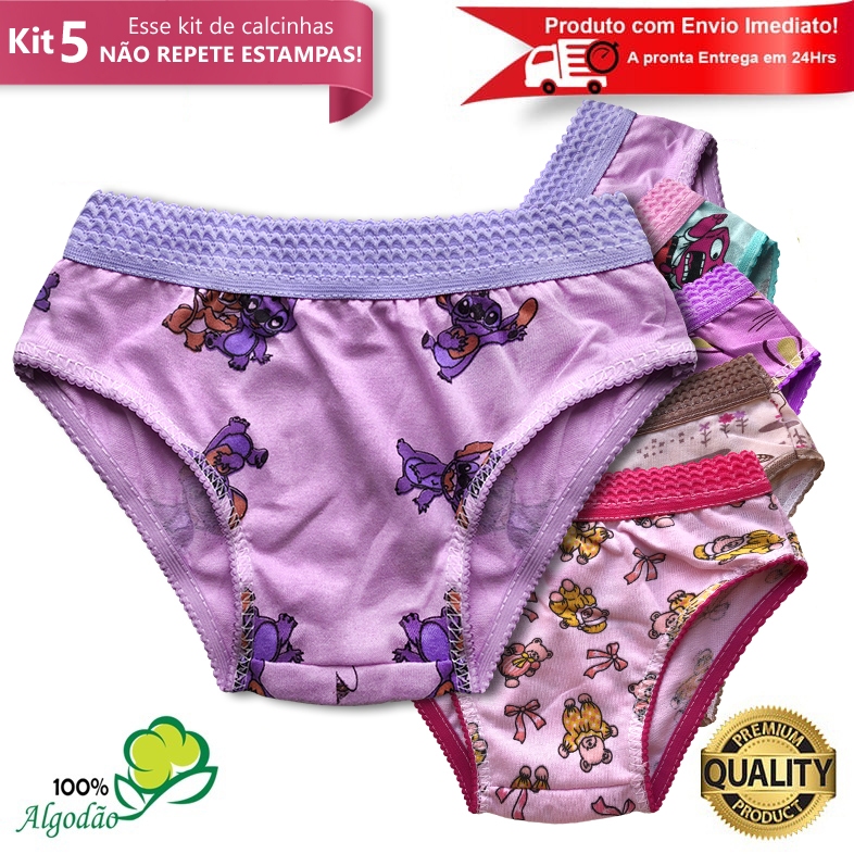 Kit 5 Calcinhas Infantil Algodão Cós Elástico Estampada Menina