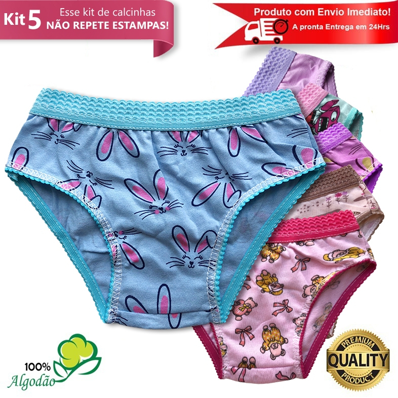 Kit 5 Calcinhas Infantil Algodão Cós Elástico Estampada Menina