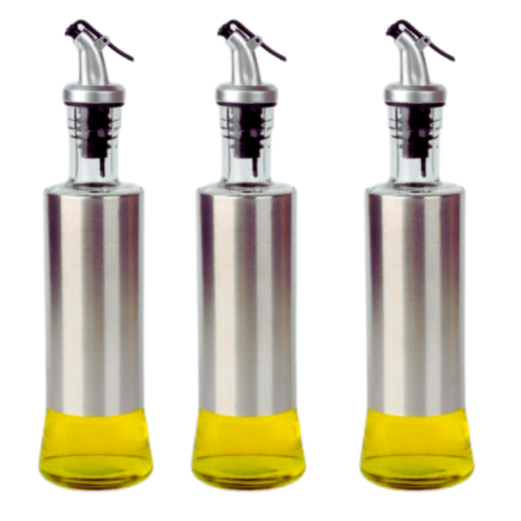 Kit 3 Galheteiro Porta Azeite Vinagre Óleo Com Dosador Vidro Inox Azeiteira Frasco Dispenser Utensílio Cozinha 300 ML