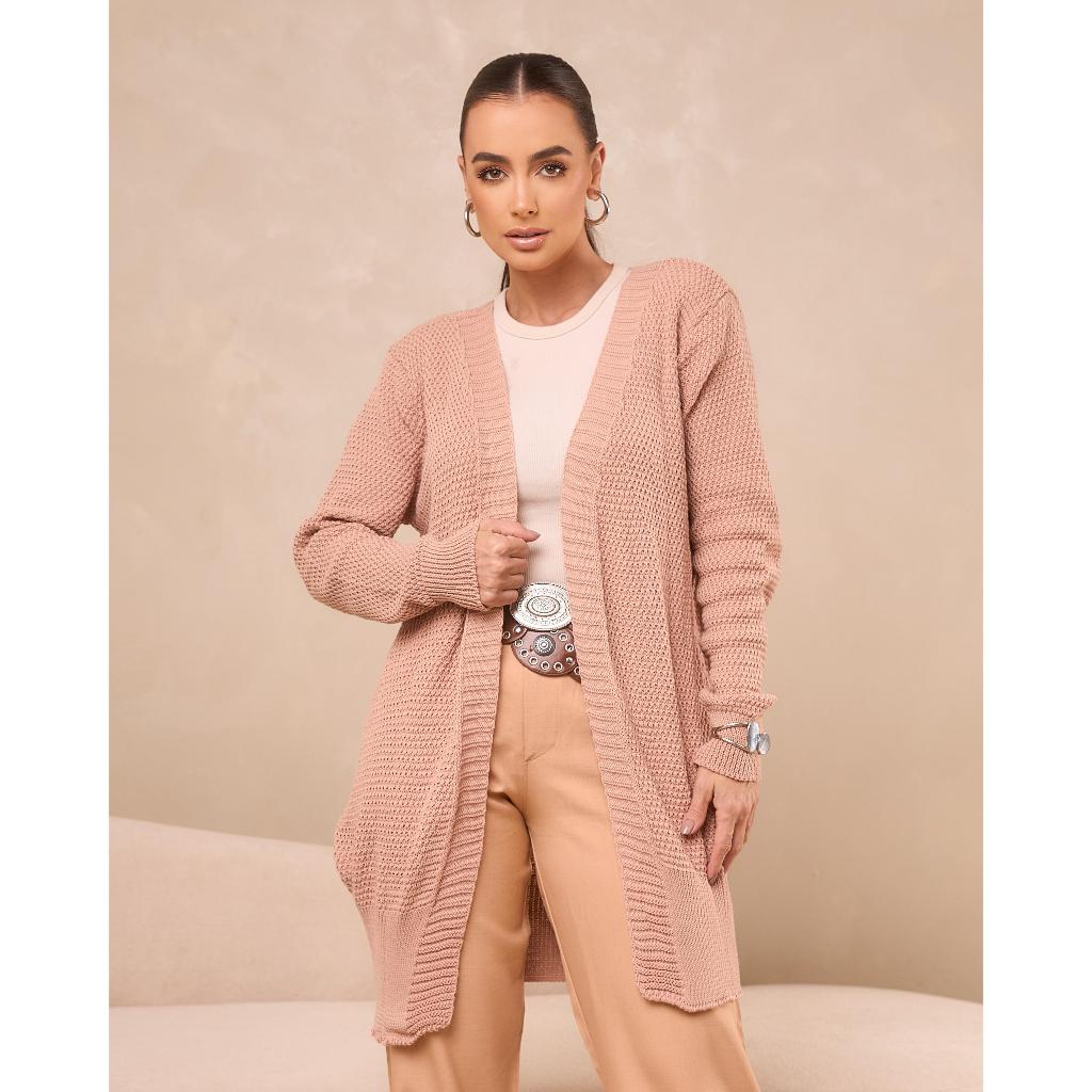 Cardigan Casaco Kimono Feminino Aberto Tricot Manga Bufante Outono Inverno