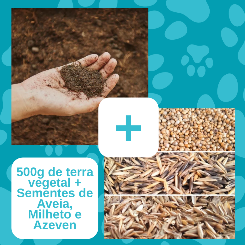 500g Terra Vegetal Adubada Atóxica + Sementes de Milheto, Aveia e Azeven para Grama Graminha para Pets Cães e Gatos