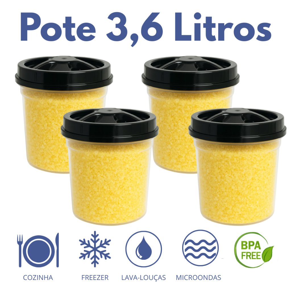 Jogo 4 Potes Mantimento Redondo Transparente 3600ml PRIME Tampa Rosca Arroz Feijão Farinha Cereal