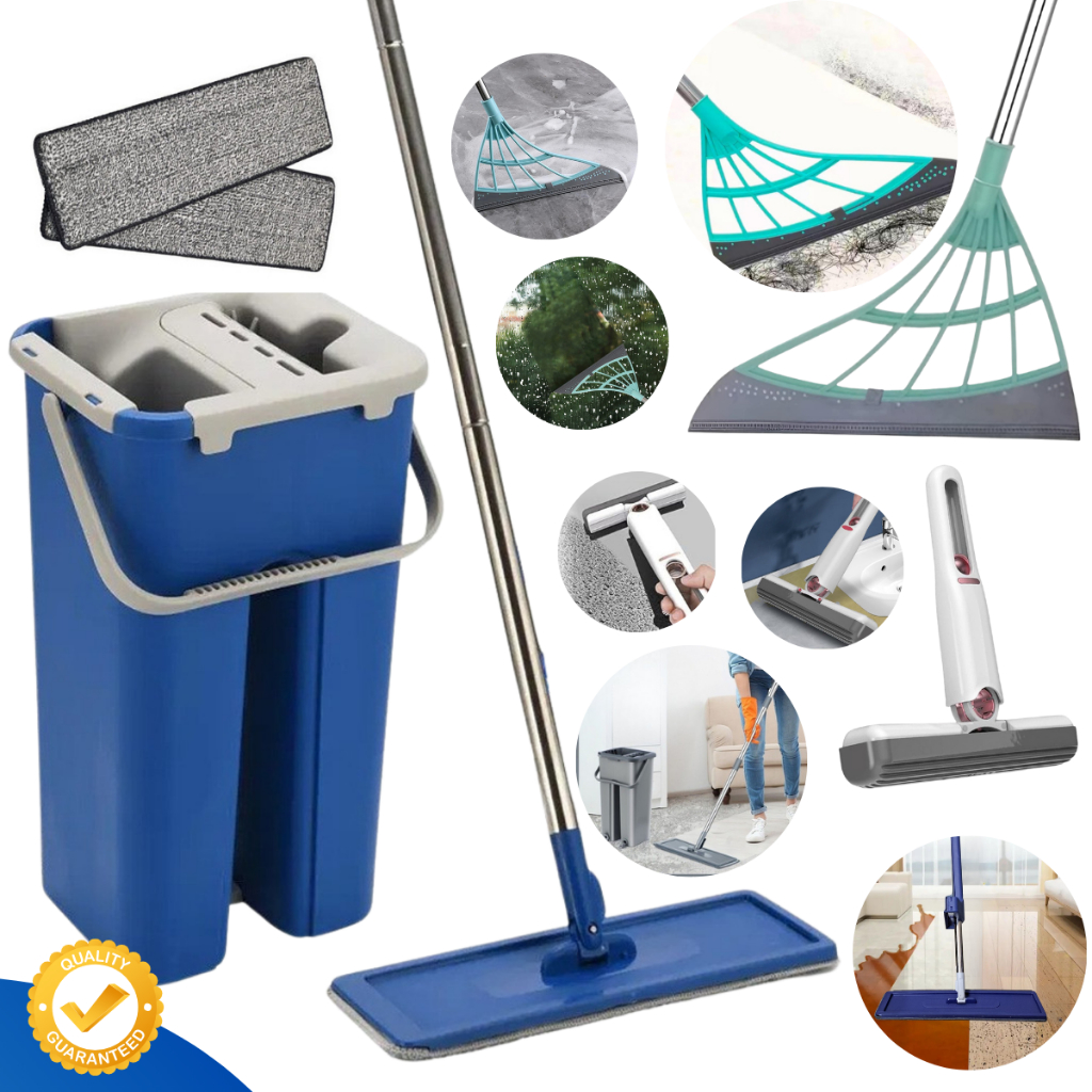 Esfregão MOP Flat Limpeza Balde Lava Seca Profissional + Rodo Silicone Vassoura Mágica + MOP Rodinho