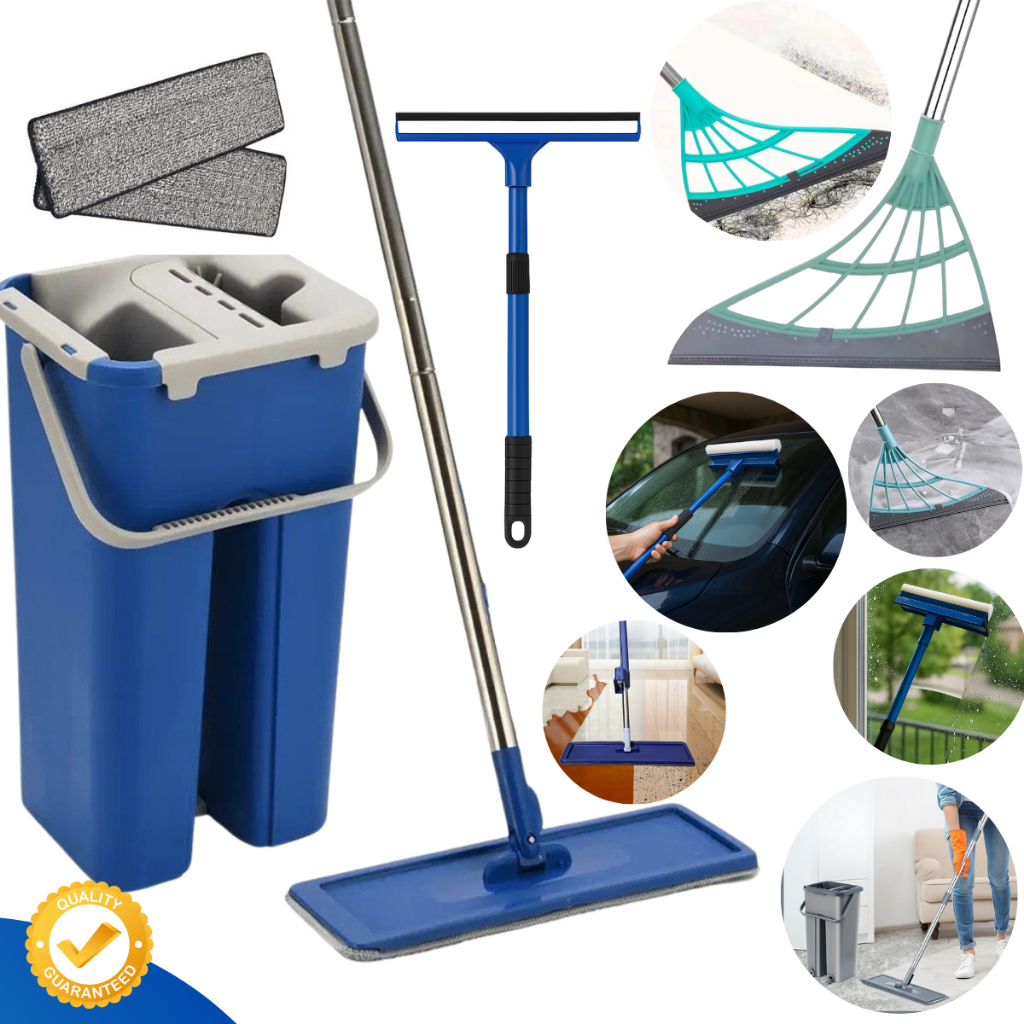 Esfregão MOP Limpeza Rodo Flat Balde Lava + Rodo Silicone Vassoura Mágica + Limpador Vidros Janelas
