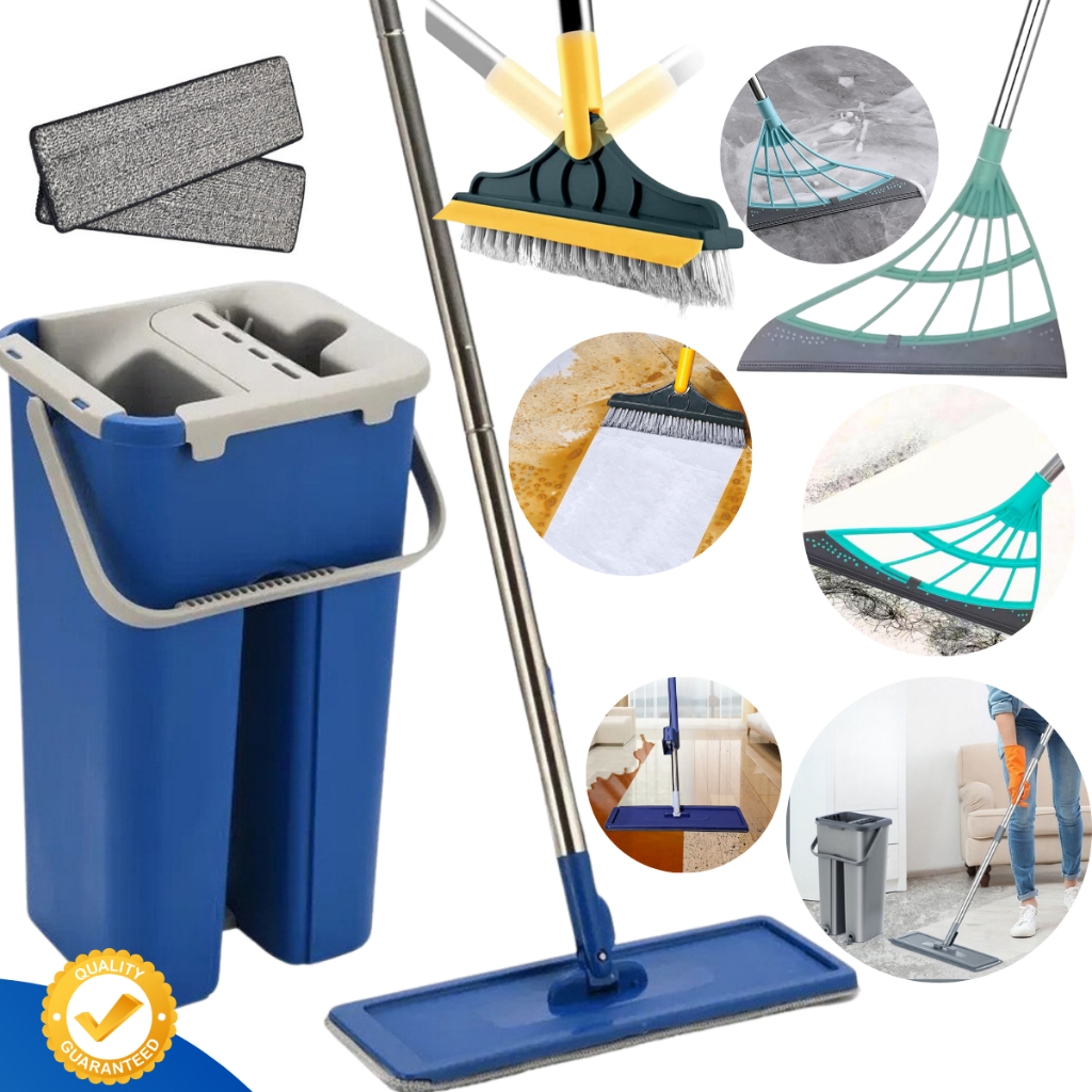 Esfregão MOP Limpeza Rodo Flat Balde Lava Seca Premium + Escova Rodo 2x1 + Vassoura Mágica Silicone