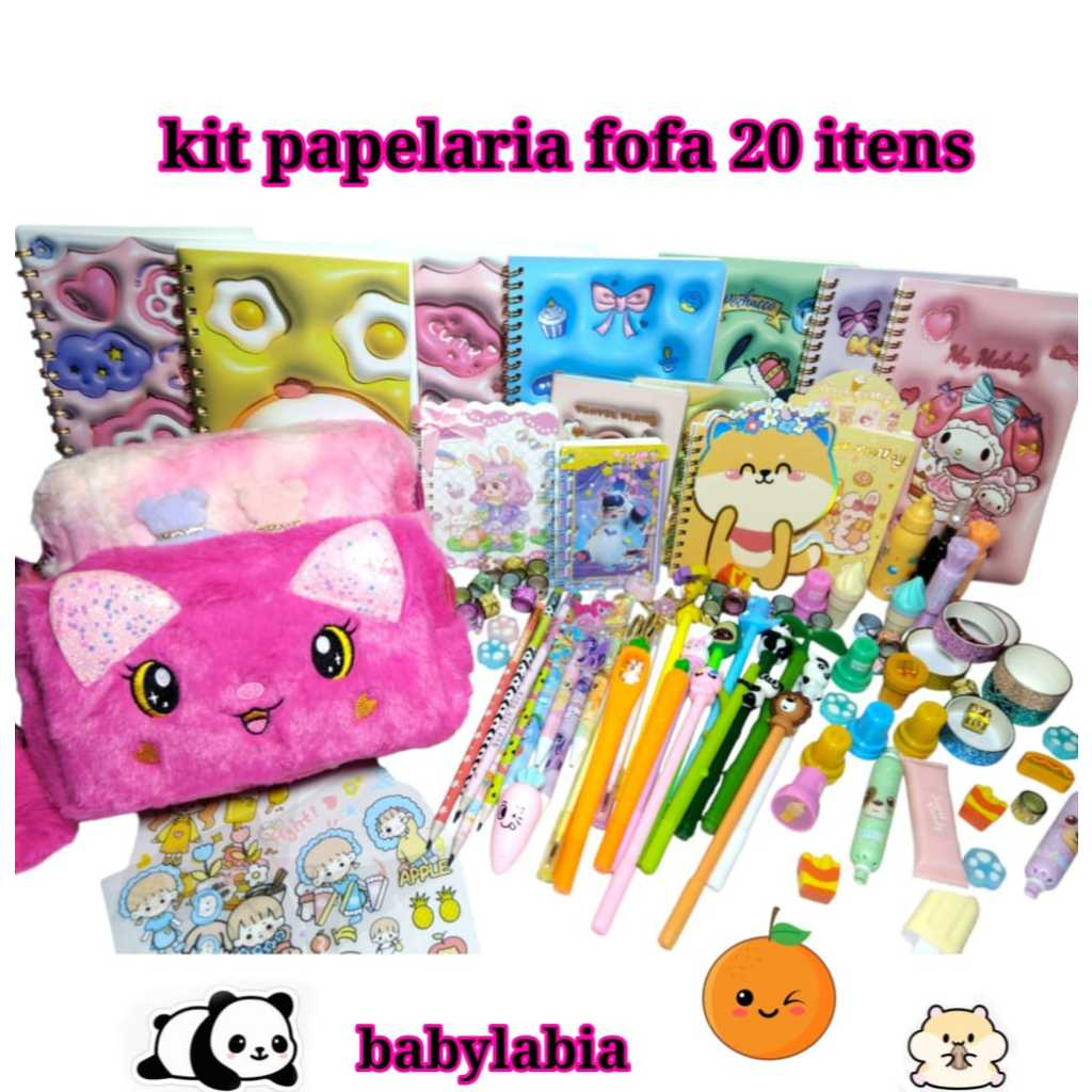 Kit Papelaria Fofa com 20 itens com estojo de pelúcia kit escolar kit papelaria kawaii