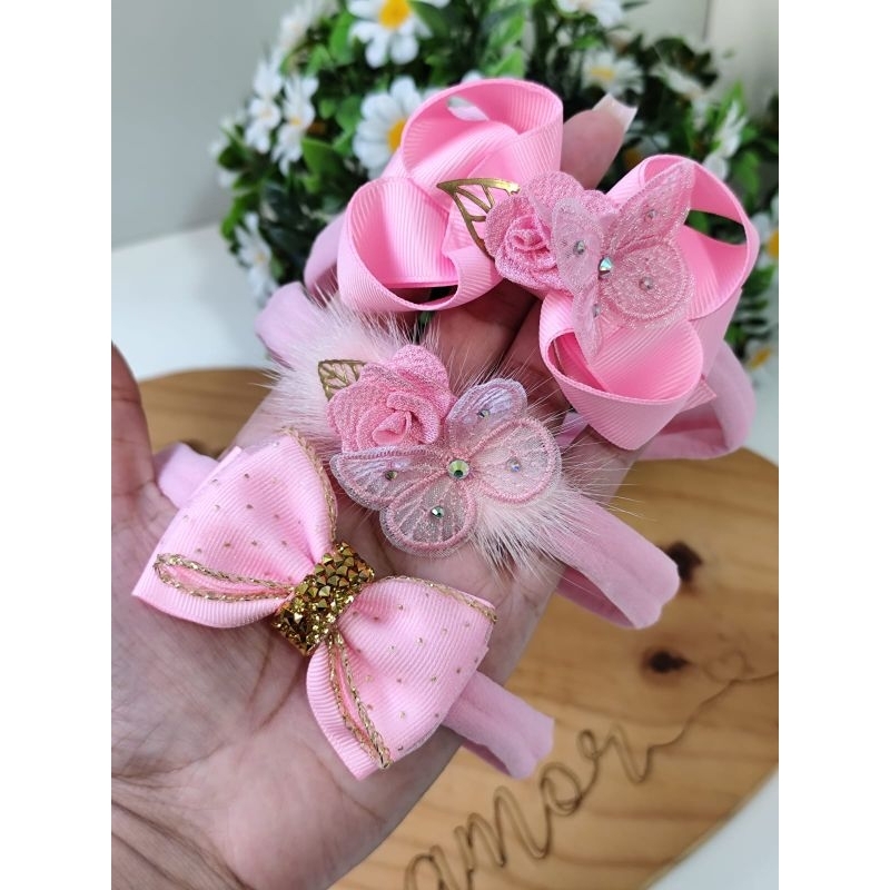 Kit com 3 laçosde luxo na faixinha para bebê/faixinha para bebê/faixinha de luxo/faixinha de luxo/saida maternidade