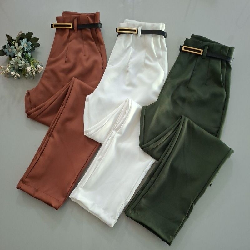 Calça Alfaiataria Feminina Com Zíper Na Frente Acompanha o Cinto Estilo Zarha em Oferta na Shopee