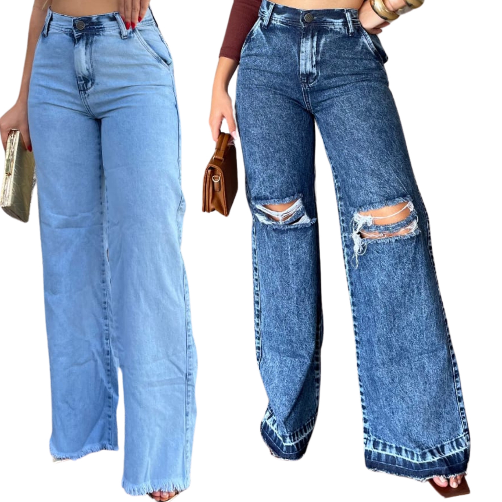 Calça Jeans Feminina Pantalona Wide Leg Clara Rasgada Cintura Alta