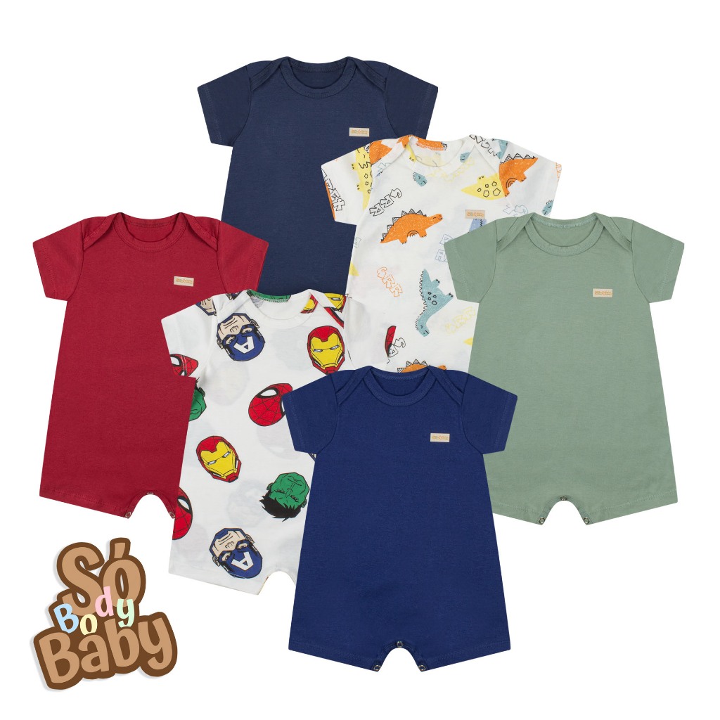 Kit 3 Romper Meia Malha Liso e Estampado - Menino - Verão - 100% Algodão - Tamanhos 1/2/3/P/M/G