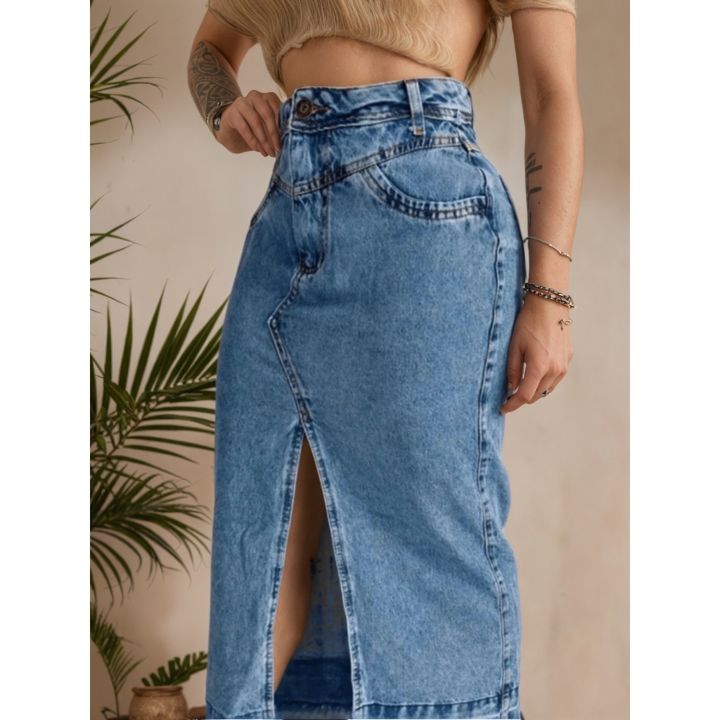 Saia jeans moderna de cintura média!!!