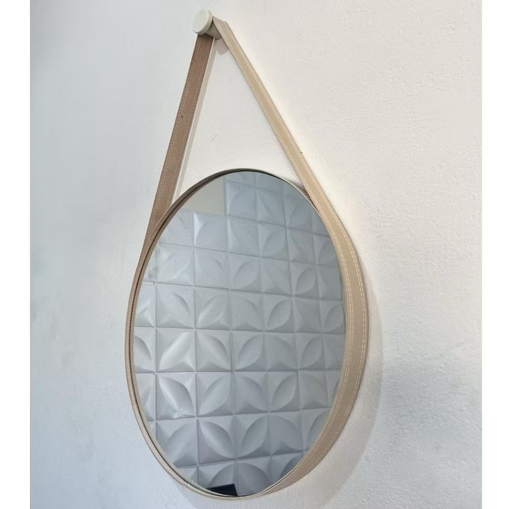 Espelho Decorativo Redondo Com Couro Adnet Para Banheiros Quartos Salas Estilo Retrô C/ Pino Suporte