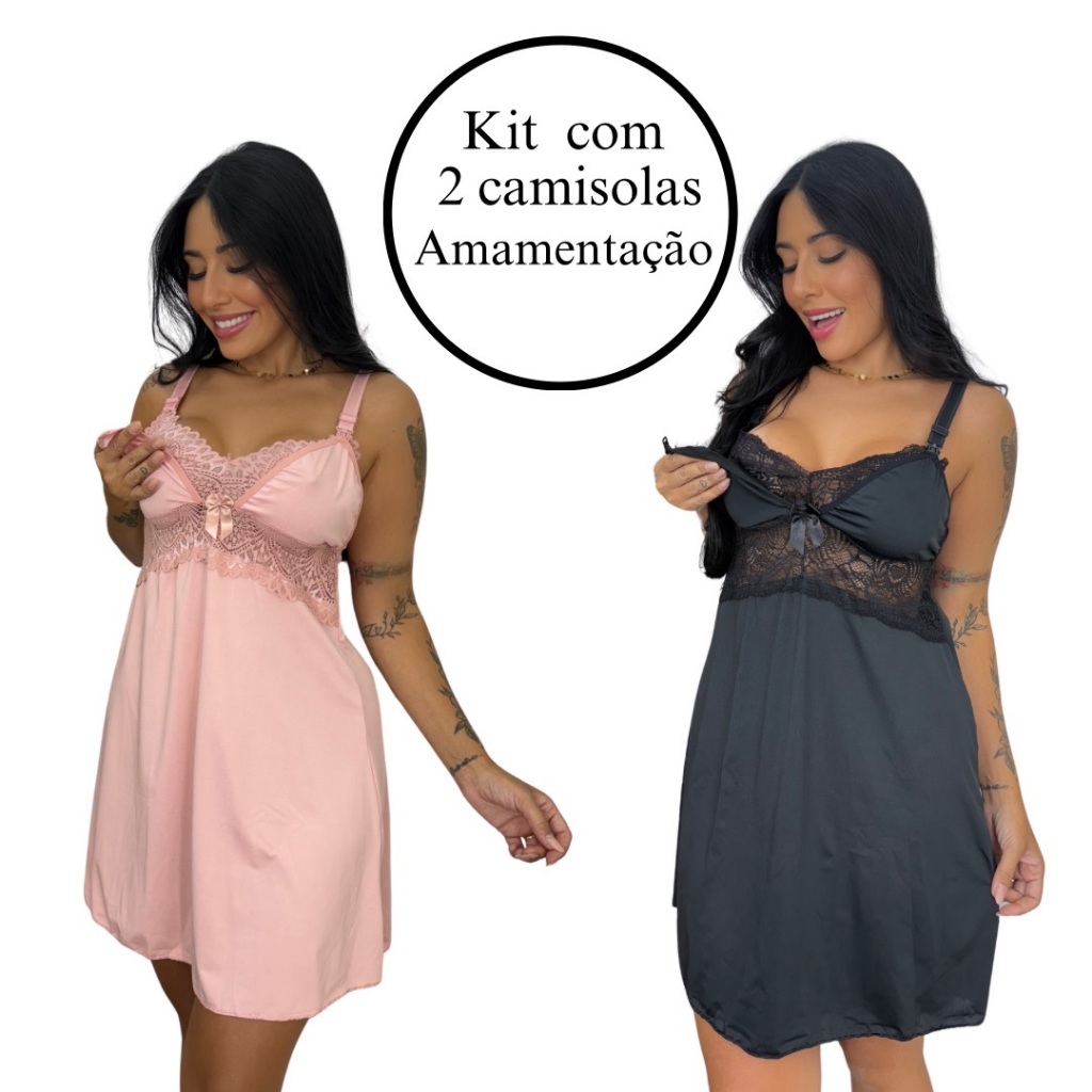 kit 2 Camisola Amamentação Abre Fácil Gestante Pós Parto Saída Maternidade Confortável