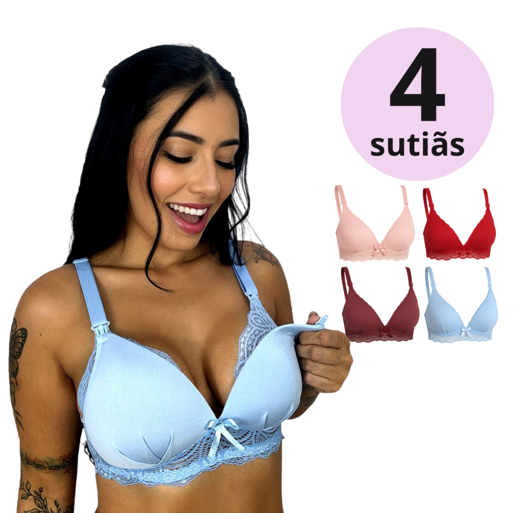 Kit 4 Sutiã de Amamentação com Bojo Soft e Renda para Gestante Maternidade e Pós Parto em Oferta na Shopee