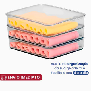 Porta Frios Hermético Presunto Queijo Kit Acrílico Resistente Triplo Pote Mantimentos