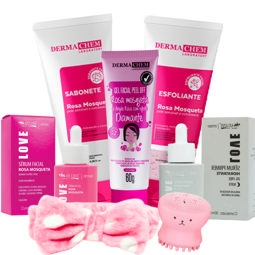 Kit limpeza de pele rosa mosqueta skin care completo c/ máscara sérum - 7 itens