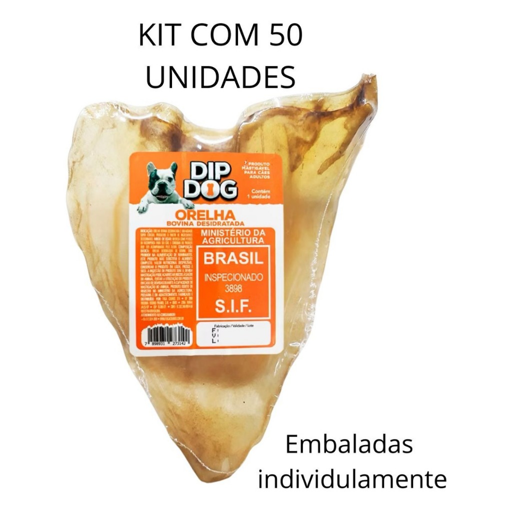 Kit 50 Mordedores Orelha Bovina Desidratada Para Cães Dipdog + BRINDE 1 FEMUR SUINO