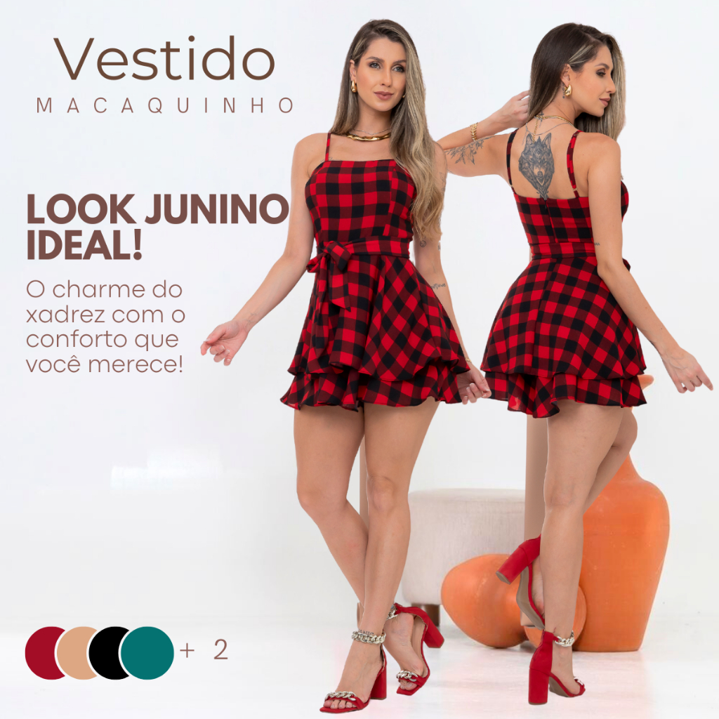 Vestido Macaquinho xadrez P ao GG feminina festa junina Look São João vermelho/preto/rosa/...